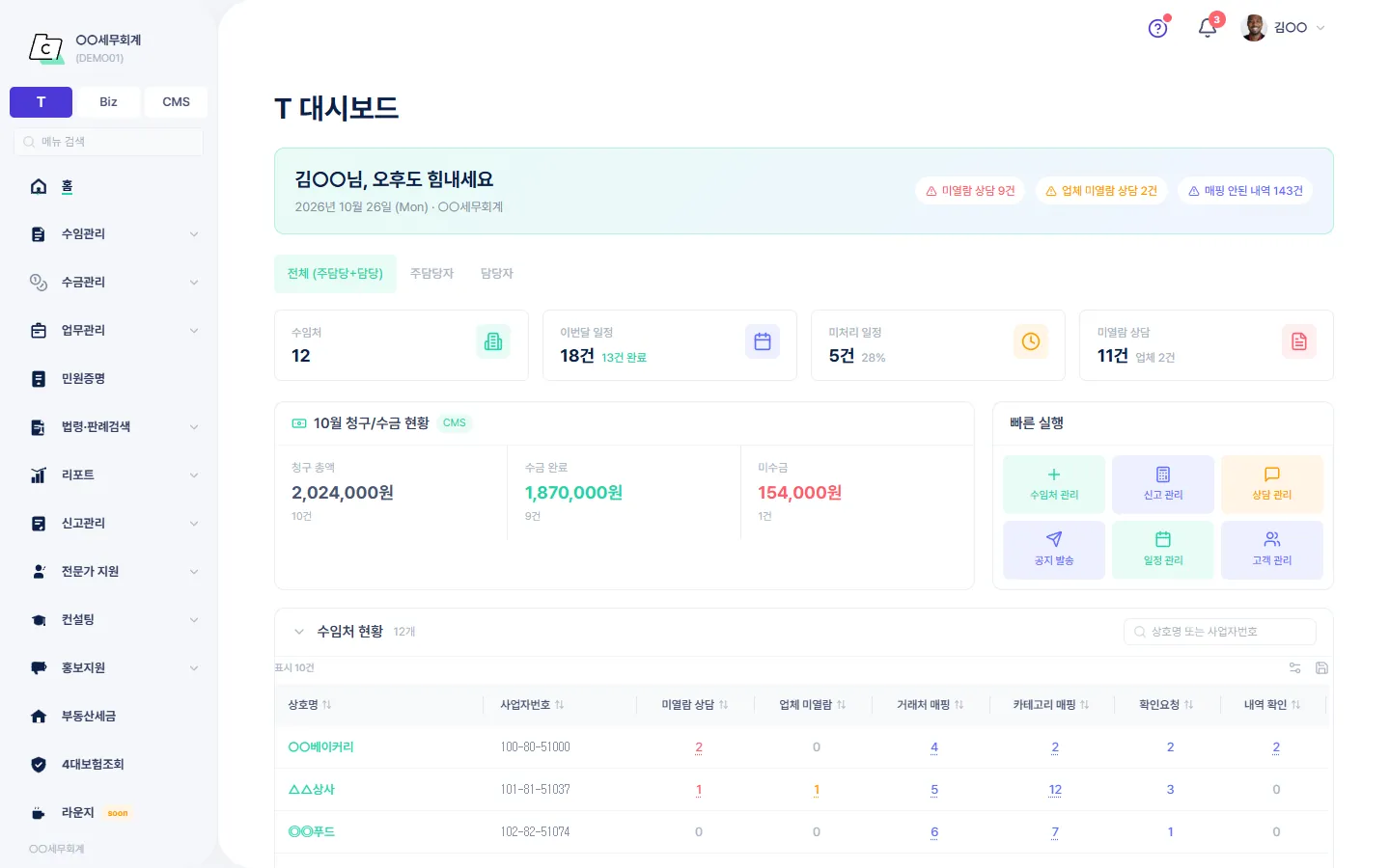 T 홈 — 이번달 일정, 미열람 상담, 수임처별 처리할 건을 한눈에 보는 첫 화면